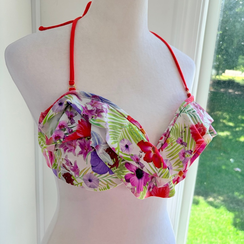 Malai Bikini Top Medium Floral Ruffle Tropical Halter or Strapless Swimsuit Pink - Picture 3 of 5